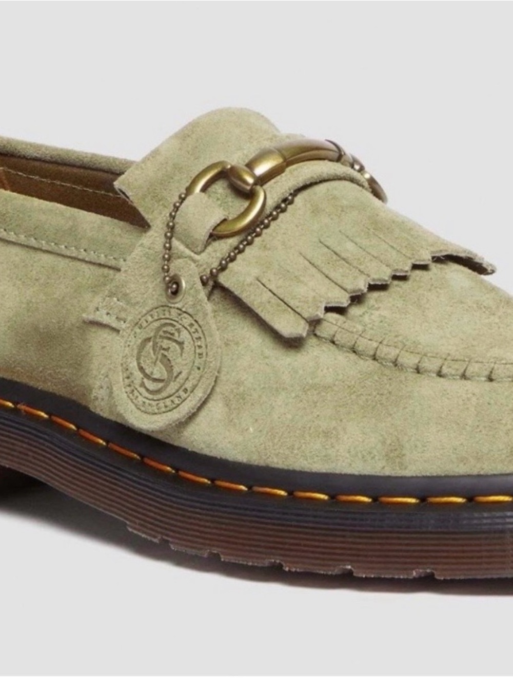 Dr. Martens Suede Kiltie Loafers with Brass Chain - Light Olive
